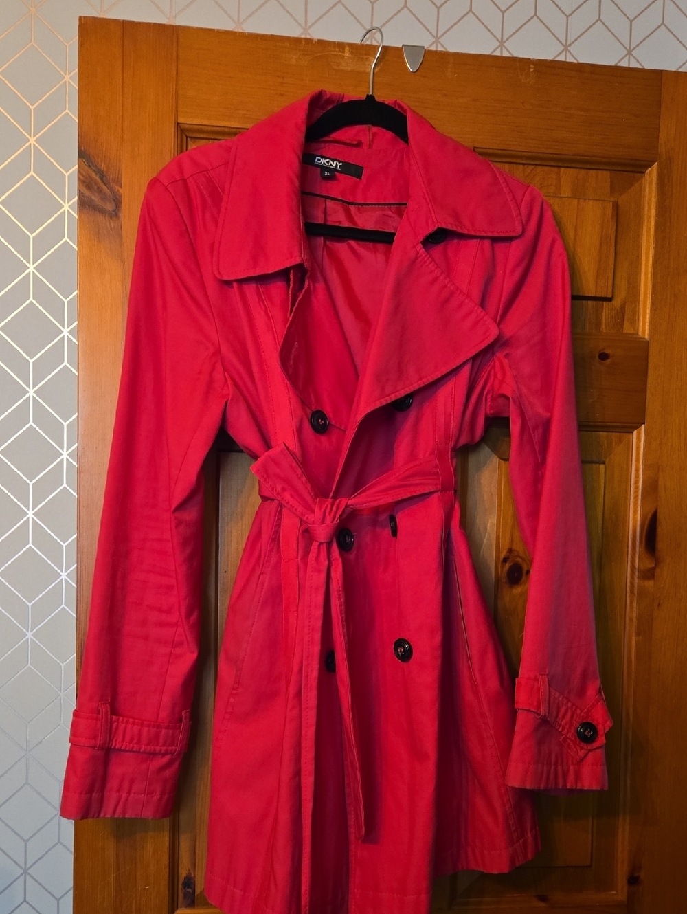 DKNY Bright Red Double-Breasted Trench Coat with Belt